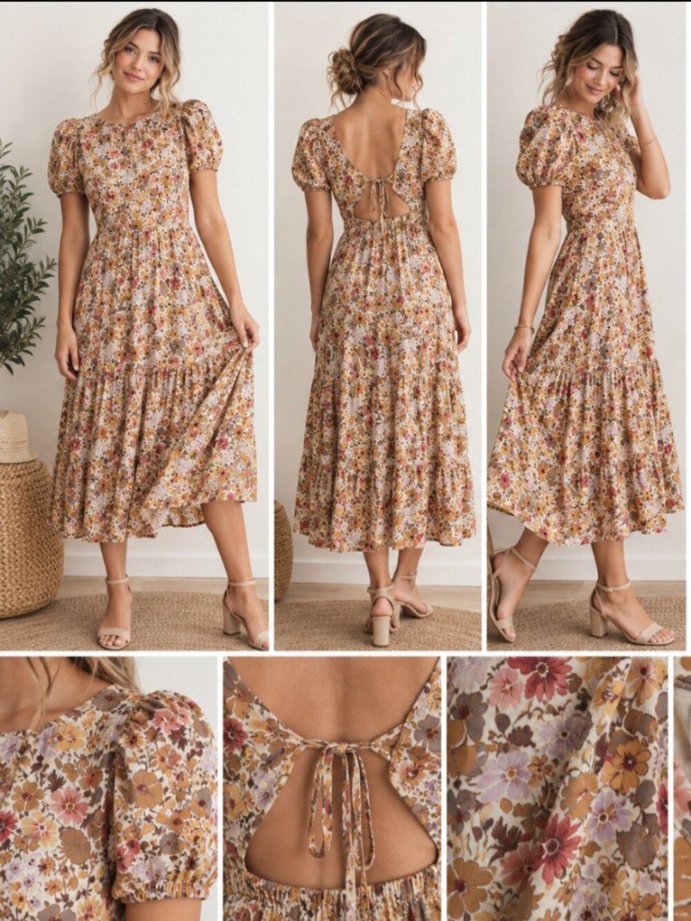 Madewell Size 4 Floral Maxi Dress Puff Sleeve Open Tie Back Cottagecore Boho